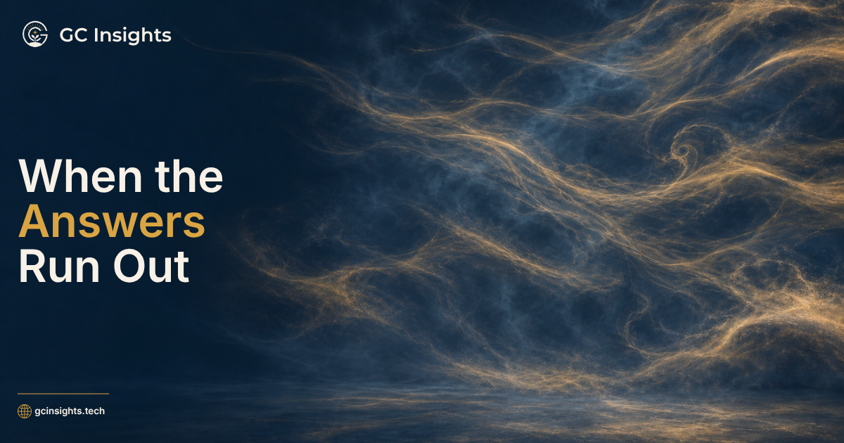 “When the Answers Run Out” beside flowing gold and blue wind-like threads on a dark navy background.